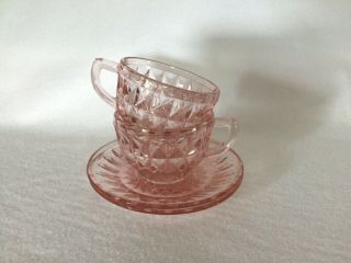 2 Jeannette Pink Windsor Diamond Depression Glass Cups & Saucers