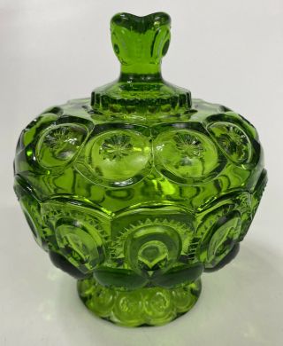 Vintage LE Smith Moon and Stars Green Glass Compote Candy Dish - Mid Century 2