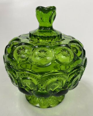 Vintage LE Smith Moon and Stars Green Glass Compote Candy Dish - Mid Century 3