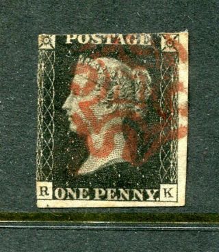 Gb 1840 1d.  Black “r - K” With Two Large Margins,  Red Maltese Cross Cancel