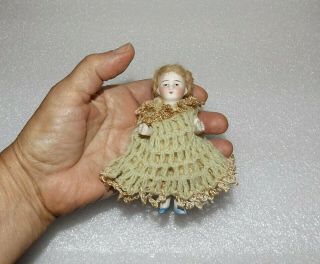 Antique German All Bisque Mignonette Wire Jointed Arms Legs Vtg Small 4 " Doll
