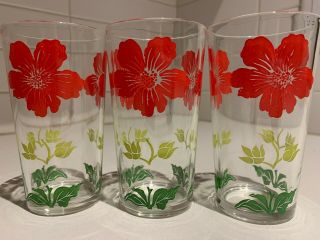 Vintage Set 3 Poppy Flower Floral Drinking Juice Glasses Mid Century Modern