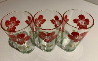Vintage Set 3 Poppy Flower Floral Drinking Juice Glasses Mid Century Modern 2