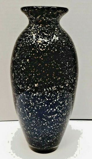 Decorative 9 3/4 " Art Glass Vase Black With Gold Flecks Statement
