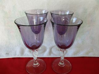 Glass Amethyst (4) Wine/water Goblets Swirl Clear Stem 7 3/4 " Tall 3 1/2 " Top