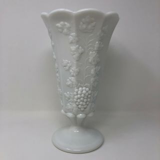 Westmoreland 9 " White Milk Glass Vase Grape Leaf Vine Design Paneled Pedestal