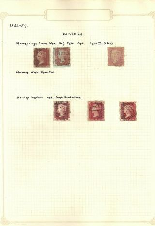 1854 - 7 Great Britain,  1d reds on album pages as received. 2