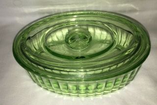 Vintage Green Vaseline Depression Glass Covered Oval Refrigerator Dish Ribbed