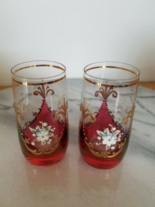 2 Vintage Red Gold Bohemian Czech Hand Painted Crystal Floral Shot Glasses