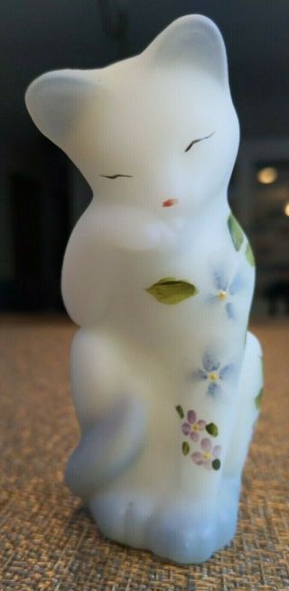Fenton White Satin Glass Grooming Cat - Hand Painted By T Kelley