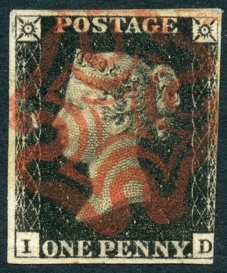 Great Britain 1840 1d Black Id Plate 6 With Red Maltese Cross Cancel