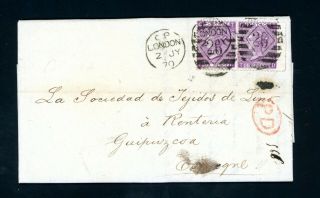 London To Spain 1870 1s Rate Cover (2 X 6d Sg 109 Plate 8) (au210)