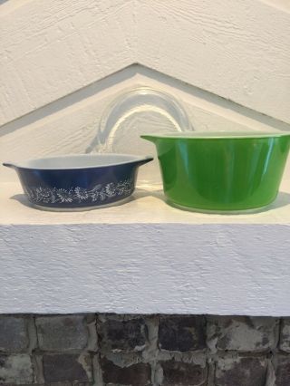Pyrex 2 Vintage Mid Cen Retro Blue And Green Casserole Dishes With 1 Lid