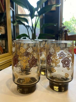 6 Vtg.  Butterfly Gold Drinking Glasses - Rare Amber Weighted Bottoms Pyrex Design