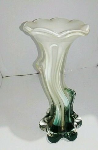 Vintage Hand Blown Art Glass Grey And White Vase Shaped Like Flower Stem Unknown