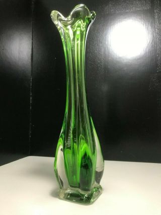 Retro Murano Style Green Art Glass Vase With Pulled Petal Mouth & Ridged Sides