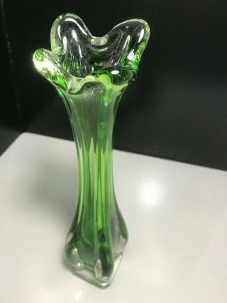 RETRO MURANO STYLE GREEN ART GLASS VASE WITH PULLED PETAL MOUTH & RIDGED SIDES 2