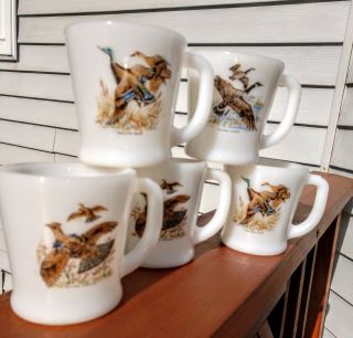 Set Of 5 Vintage Fire King Game Bird Coffee Cups Mugs Oven Ware White Milk Glass