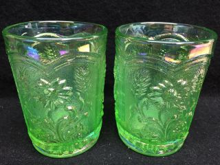 Clear Green Carnival Glass Wild Flower Tumbler Cup Goblet Iridescent Art