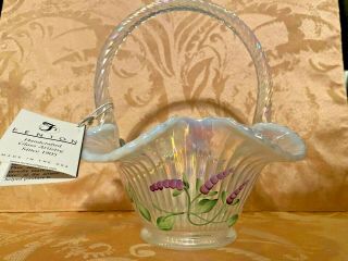 Fenton Hand Painted Opalescent Basket with Handle - Artist Signed 2