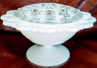 Vintage White Milk Glass Pedestal Vase Bowl W/ Lace Edge 15 - Hole Glass Frog