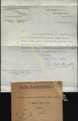 1918 Scarce Air Crown Ministry Ohms 1st Cachet & Letter From Air Board,  Mcnally
