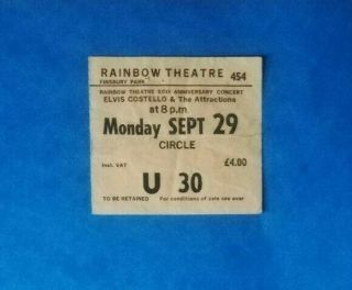 Elvis Costello And The Attractions (1980) Concert Ticket At The Rainbow.