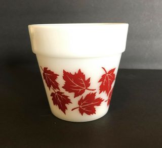 Unique Vintage Hazel Atlas Milk Glass W/ Red Leaves Flower Pot Depression - Era