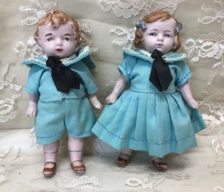 Antique German All Bisque Boy & Girl Dolls Doll House