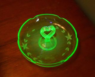 Green Uranium Depression Glass Heart Shaped Handle Candy Dish Etched Glows