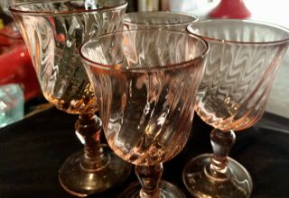 Vintage Pink Rosaline Swirl Glass Water Goblet Stemware France - SET OF 4 2