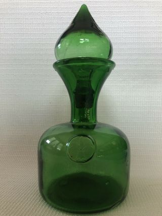 Vintage Green Glass Empoli Decanter Bottle With Round Teardrop Stopper