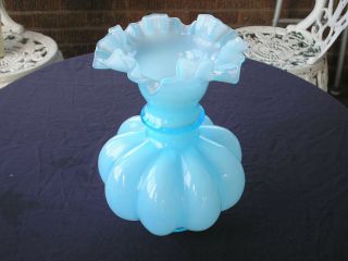 Vintage Fenton Art Glass Light Blue Overlay Melon Ball Ruffled Top Vase