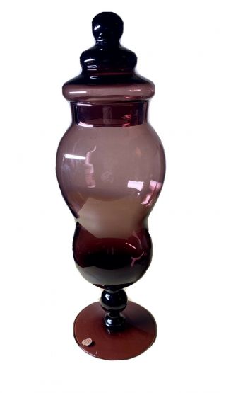 Empoli Italian Art Glass Pedestal Covered Apothecary Candy Jar Purple Hand Blown