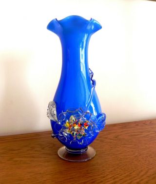 Vintage Murano Cased Glass Vase With Applied Flowers