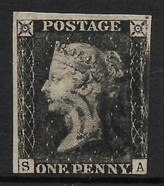 Sg As41a 1d Penny Black Plate 6 Lettered S - A With 2 Margins - With Re - Entry
