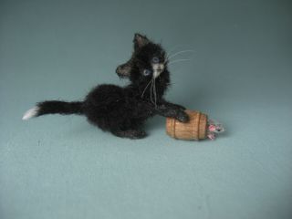 Ooak Dollhouse Black Kitten,  Mouse In Barrel 1:12 Miniature Oreon Cat