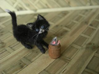 OOAK Dollhouse Black kitten,  mouse in barrel 1:12 Miniature OREON cat 2