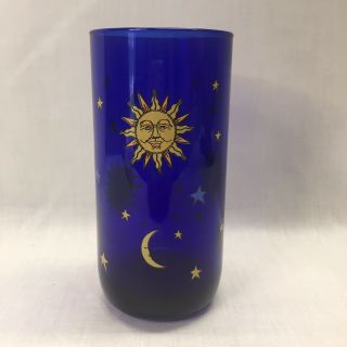 Libby Libbey Celestial Sun Moon & Stars Cobalt Tumbler 16 Oz Glass - Vintage