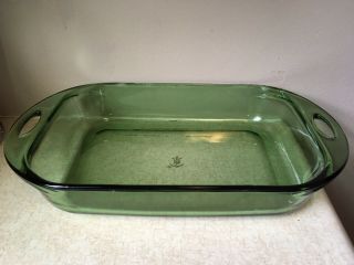Vintage Anchor Hocking Green Glass Cake Casserole Dish 3 Quart Liter 9x13 Great