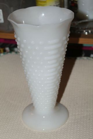 Vintage White Milk Glass Vase Hobnail Farmhouse Trumpet Flute Pedestal 9.  5 "
