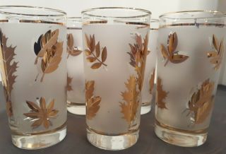 Vintage 1960s Libbey Gold Leaf Frosted Drinking Glasses - Set of 7 3