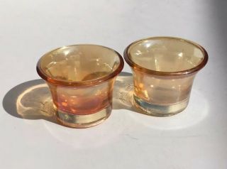Vintage Amber Iridescent Carnival Glass Candle Holders Or Salt Cellars