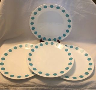 Set Of 4 Vintage Corelle Polka Dot Turquoise South Beach Atomic10 " Dinner Plates