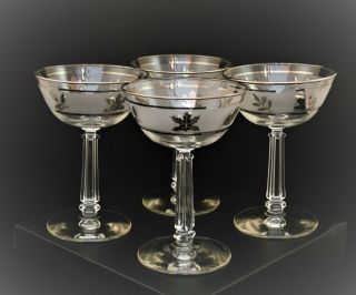 Vintage Libbey Set Of 4 Champagne Glasses Silver Leaf Pattern
