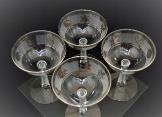 VINTAGE LIBBEY SET OF 4 CHAMPAGNE GLASSES SILVER LEAF PATTERN 3