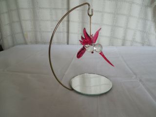 Hand Crafted Art Glass Hummingbird Ornament W/mirrored Stand