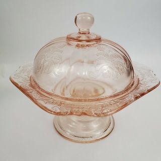 Vintage Depression Glass Pink Pedestal Compote Candy Dish Dome Lid