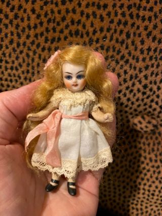 Antique 3.  5 " Dollhouse Doll - Bisque Swivel Head - Glass Eyes - Compo Body