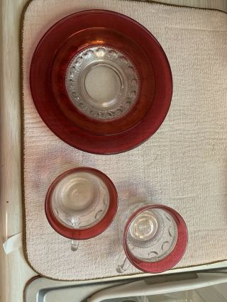 4 Vintage Tiffin Indiana Ruby Red Flash Kings Crown Thumbprint Plates & 2 Cups